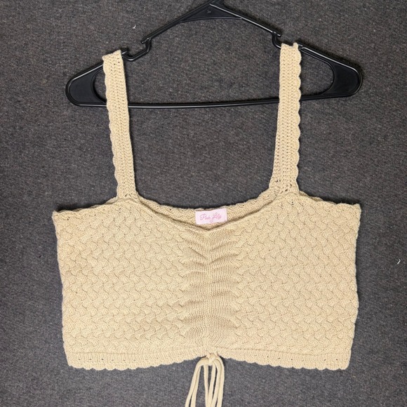 Pink Lily Tops - Womens Beige Tan Crochet Knit Crop top chunky preppy boho western sweetheart
